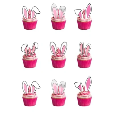 Image of 12 Stand Up Cute Easter Bunny Ears Themed Edible Wafer Paper Cake Toppers Decorations