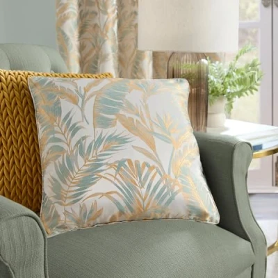 Image of Laurence Llewelyn Bowen Ochre/White Tropical Palm Tree Cushion (43 x 43cm) Filling/Padding Included Jungle/Palm Leaf for Living Room with Cover Matching Curtains Available