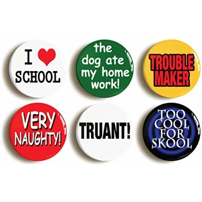 Image of 6 x SCHOOL DISCO THEMED FANCY DRESS BADGES BUTTONS PINS (1inch/25mm diameter)