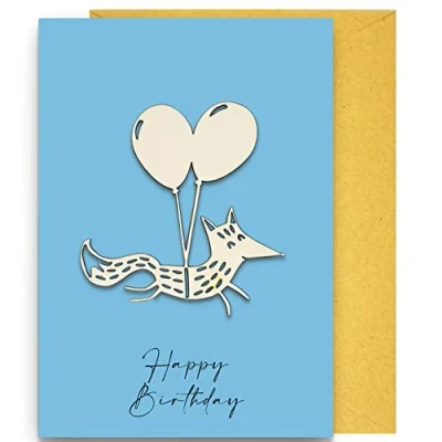 Image of Woodland Mail Cute Wooden Fox Keepsake Birthday Card Front (Fox with Balloons)