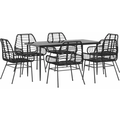 Image of vidaXL 7 Piece Garden Dining Set Black Poly Rattan Glass