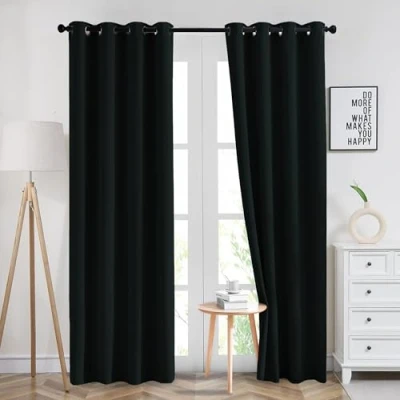 Image of Imperial Rooms Blackout Ring Top Curtains for Bedroom 66x72 Inch Drop Black Super Soft Thermal Insulated Eyelet Living Room Window Curtain &amp; Drapes 2 Panel with Tiebacks