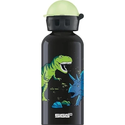 Image of SIGG Aluminium Kids Water Bottle KBT Glow In The Dark Dinosaurs Leakproof Lightweight BPA Free Climate Neutral Certified Black 0.4L