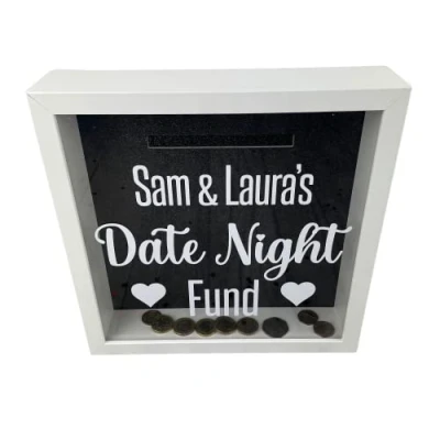 Image of Personalised Date Night Fund White Money Box Savings, Valentines Present