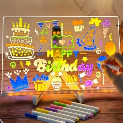 Image of Luminous Acrylic Board With LED Message, Memo 7 Colours Pen Adjustable Stand, Transparent Writing Board, Wipeable, Notepad