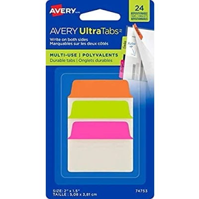 Image of Avery Sticky Ultra Tabs/Bookmarks Multi Purpose, 24 Tabs per Pack, 50.8 mm, Orange, Green, Pink