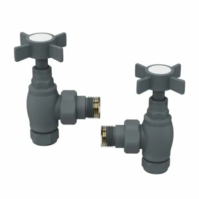 Image of NRG Anthracite Traditional Style Towel Radiator Rail Valves Angled Central Heating Taps 15mm One Pair