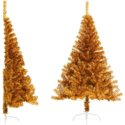 Image of vidaXL Artificial Half Christmas Tree with Sturdy Stand Holiday Indoor Decoration, Space Saving Design Gold PVC Branches, 180 cm Height.
