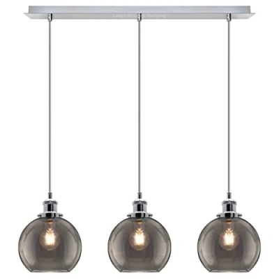 Image of 3 Lights Pendant Light Cluster Mini Glass Globe Shades Smoked Grey, Vintage Industrial Chrome Ceiling Lamp Fixture H3044