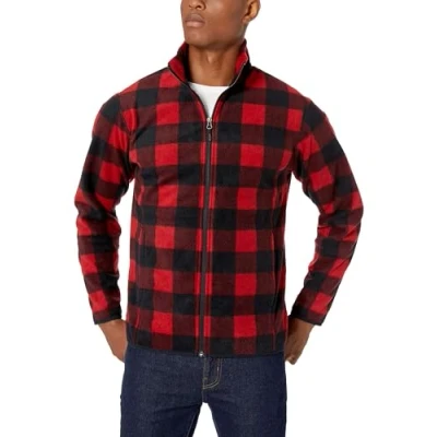 Image of Amazon Essentials Men&#039;s Full Zip Fleece Jacket (Available in Big &amp; Tall), Black Red Buffalo Plaid, S