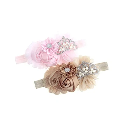 Image of Nishine Baby Christening Headband Toddler Girls Fabric Flower Tiara Stretchy Elastic in Pairs (Child, Pink/Khaki)