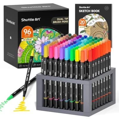 Image of Shuttle Art Dual Tip Brush Pens, 96 Colours Fine and Markers Set with Pen Holder &amp; 1 Colouring Book, Felt Pens for Adults Children Calligraphy Journal Doodling