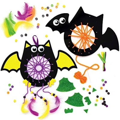 Image of Baker Ross AX191 Bat Dreamcatcher Kits Pack of 4, Halloween Crafts for Kids to Peel, Stick, Sew and Display This Autumn, Bat, Green,Orange,Purple,Yellow