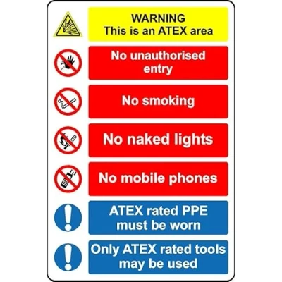 Image of Warning this is an ATEX area Safety sign Self adhesive sticker (200mm x 150mm)