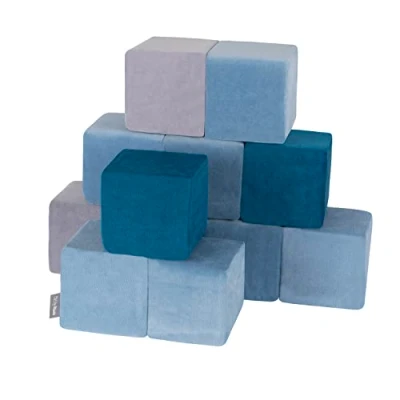 Image of KiddyMoon Soft Foam Velvet Cubes Building Blocks 14Cm For Children Montessori Toy Babies, Certified Made In EU, 12 Pieces, Cubes:Lagoon Turquoise Ice Blue Grey Mountains