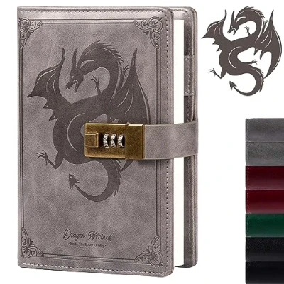 Image of Dragon Leather Journal Notebook, Diary with Combination Lock, Lined/Blank Paper B6 Writing Journals Stationery (Grey)