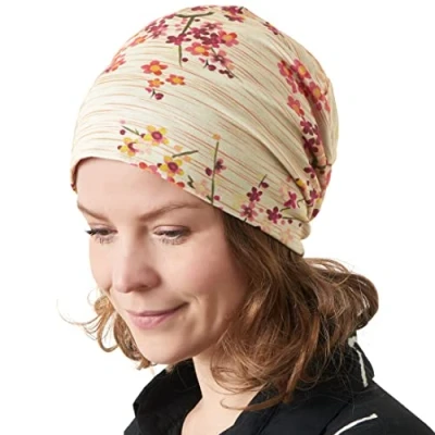 Image of CHARM Mens Slouchy Organic Beanie Cotton Baggy Oversized Hipster Hat Womens Chemo Cap Beige Flower