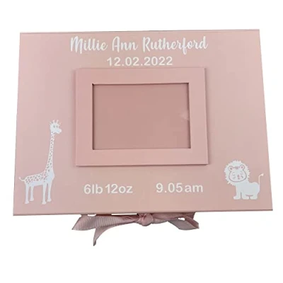 Image of Newborn Baby Personalised Memory Box, Arrival Gift Box Keepsake Boy Girl Details Photo (Pink)
