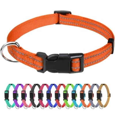 Image of TagMe Reflective Nylon Dog Collars, Adjustable Classic Collar with Quick Release Buckle for Puppy, Orange, 1.0 cm Width
