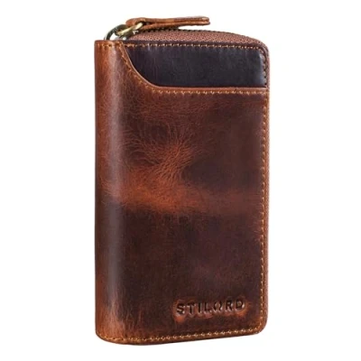 Image of STILORD &#039;Devin&#039; Small Key Pouch Leather Vintage Case Mini Card Holder Slim RFID Wallet Organiser with Ring in Genuine Leather, Colour:Kara Cognac
