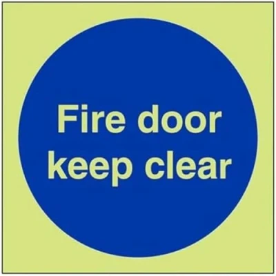 Image of V Safety Glow In The Dark Fire Door Keep Clear Mandatory Sign 100mm x Self Adhesive Vinyl