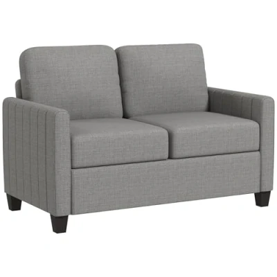Image of HOMCOM 2 Seater Sofa, Channel Tufted Modern Fabric Couch, Comfy Upholstered Loveseat with Spring Cushion, Back Pillow, for Living Room, Bedroom, Office, Light Grey