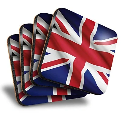 Image of Destination Vinyl ltd Great Coasters (Set of 4) Square Union Jack Flag Britain Drink Glossy Coasters/Tabletop Protection for Any Table Type #15601