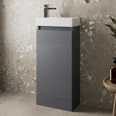 Image of Artis 400mm Bathroom Vanity Unit With Wash Basin Ceramic Sink, Single Door, Cloakroom Storage Furniture Under Cabinet, Floorstanding Cabinets, Grey Gloss