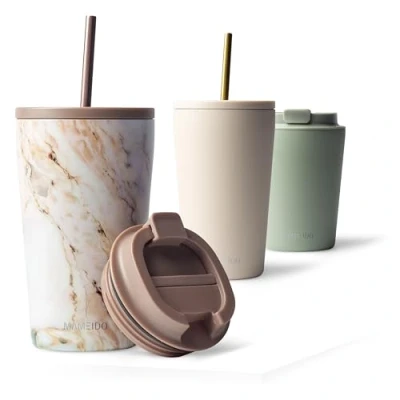 Image of MAMEIDO Travel Mug 470ml &amp; 700ml Leakproof Tumbler with Straw Lid, Stainless Steel Mugs for Cold Hot Drinks BPA Free (Pearl Marble, 0,47l)