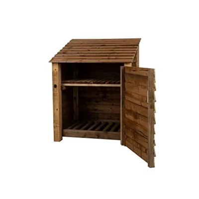 Image of Arbor Garden Solutions wooden log store 4ft with door, firewood storage (W 99cm, H 126cm, D 88cm), brown finish (With kindling shelf)