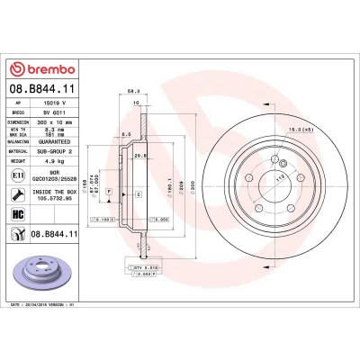 Image of 2304230712, A2304230712 Brake DISC BREMBO Coated LINE 08.B844.11 300mm 10mm 5 solid High carbon MERCEDES BENZ: SL Convertible