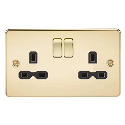 Image of KnightsBridge Flat plate 13A 2G DP switched socket polished brass with black insert