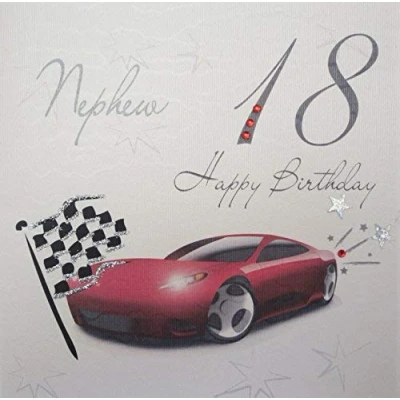Image of WHITE COTTON CARDS Racing Car, Nephew 18 Happy Handmade 18th Birthday Card, White, WBA18C N, 16cm x