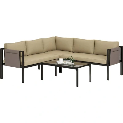 Image of Outsunny 4 Piece Metal Garden Furniture Set with Tempered Glass Coffee Table, Breathable Mesh Pocket, Outdoor Conversational Corner Sofa Loveseat Padded Cushions, Khaki