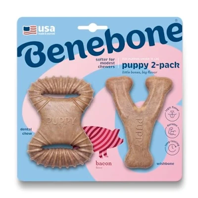 Image of Benebone Puppy Tiny 2 Pack Indestructible Dental Chew/Wishbone For Aggressive Chewers, Long Lasting Teething Boredom Breaker Puppies, Real Bacon Flavour, XS Dogs, Made in the USA