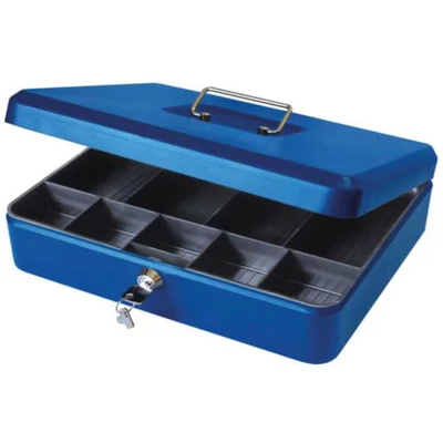 Image of Cathedral Products Key Lockable Cash Box with Lift Out 9 Compartment Coin Tray 12 Inch Blue