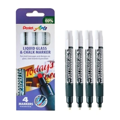 Image of Pentel Arts Wet Erase Chalk Marker, Standard Chisel Tip, White ink, 1 pack of 4 markers