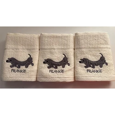 Image of Jansons Direct Linens 100% Cotton 3 Pack Frankie Dachshund Dog Design Kitchen Hand Tea Towels in Cream