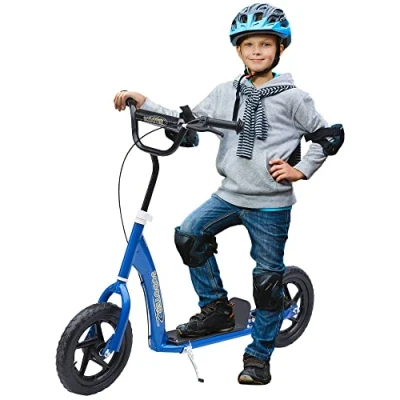 Image of HOMCOM Teen Push Scooter, Kids Scooter w/ 12&quot; EVA Tyres, Rear Brake, Foot Brace, Children Stunt Big Wheels for 5 12 Years Old, Blue