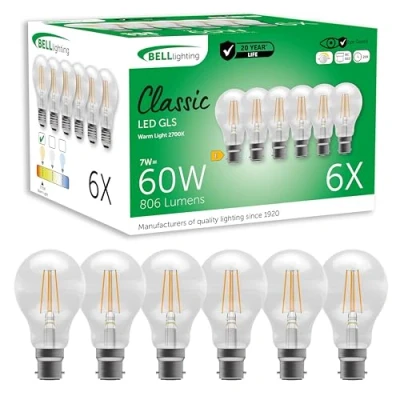 Image of Bell Lighting B22 Bayonet Filament Dimmable Light Bulb LED GLS 6 Pack Warm White 2700K 810 Lumen 7W Energy Saving 60W Halogen Lamp Equivalent