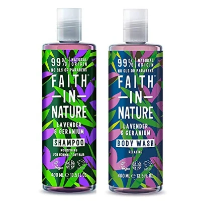 Image of Faith In Nature Lavender and Geranium Shampoo Shower Gel Duo Pack Vegan No Cruelty 99% Natural Fragrance From SLS or Parabens