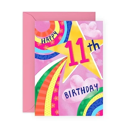 Image of Central 23 Rainbow Birthday Card For Girl Age 11 Happy Eleventh Cards Kids Pink Stars Flowers Gifts Daughter Niece Granddaughter Eleven Year Old Comes With Fun Stickers