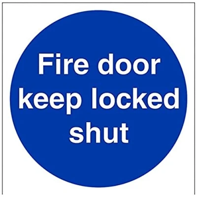 Image of V Safety 18015AM S Fire Door Keep Locked Shut Sign Square 150mm x Self Adhesive Vinyl, Blue