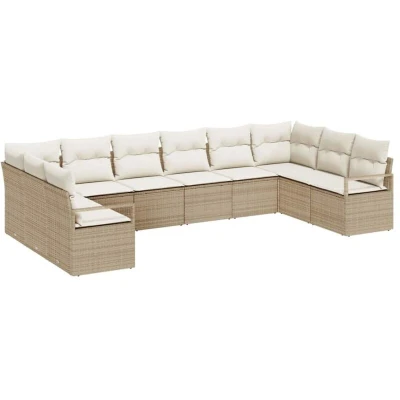 Image of vidaXL 10 Piece Garden Sofa Set with Cushions Beige Poly Rattan