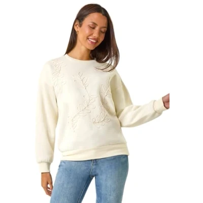 Image of Roman Originals Floral Embroidered Sweatshirt for Women UK Ladies Everyday Autumn Winter Round Neckline Comfy Soft Evening Vacation Work Party Night Out Ivory Size 18