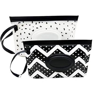 Image of ULVBABI 2 Pack Portable Wet Wipe Pouch Dispenser, Reusable Baby Diaper Disposal Bags, Refillable Personal Travel Clutch Dispenser Holder (Wave &amp; Feather Pattern)