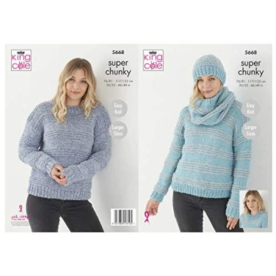 Image of King Cole Ladies Super Chunky Knitting Pattern Easy Knit Sweater Hat &amp; Cowl (5668)