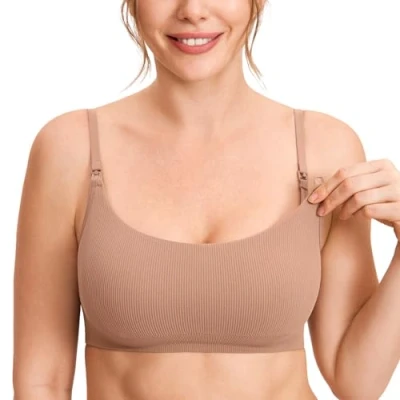 Image of MOMANDA Women&#039;s Ribbed Nursing Bras Seamless Bralettes Maternity Wirefree Sports Breastfeeding Bra Gravel Beige L