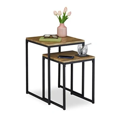 Image of Relaxdays Set of 2 Side, Nesting, Industrial Design, Sizes, Coffee Table, Square, Metal, Wood Effect/Black, 54 x 40 cm