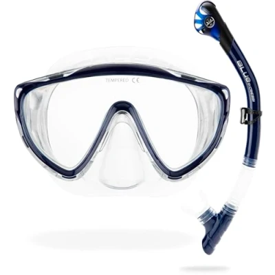 Image of CRESSI Tino &amp; Scilla Clear/Blue Navy Adult Combo Set Snorkeling Mask and Snorkel Scilla, Navy, One Size